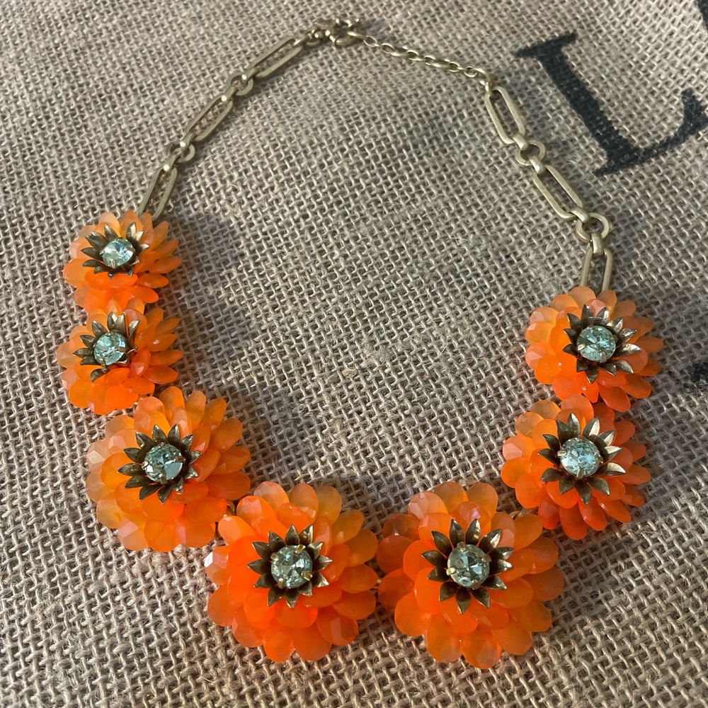 J. Crew Neon Orange Zinnia Flower Vintage Necklace